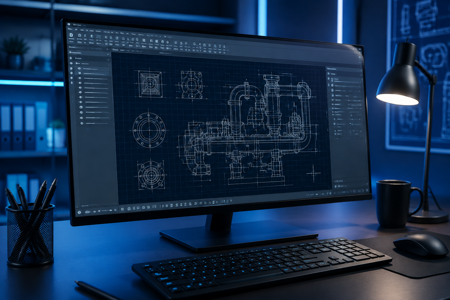 Estação de trabalho com desenho industrial em CAD
