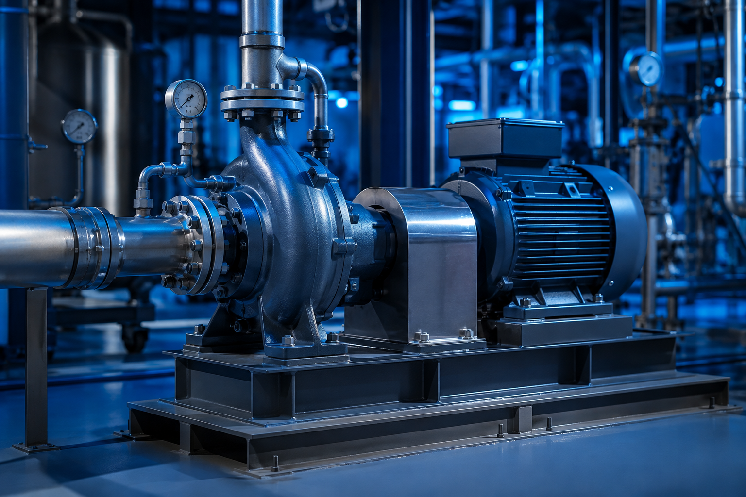Conjunto industrial com bomba centrífuga, motor e instrumentação
