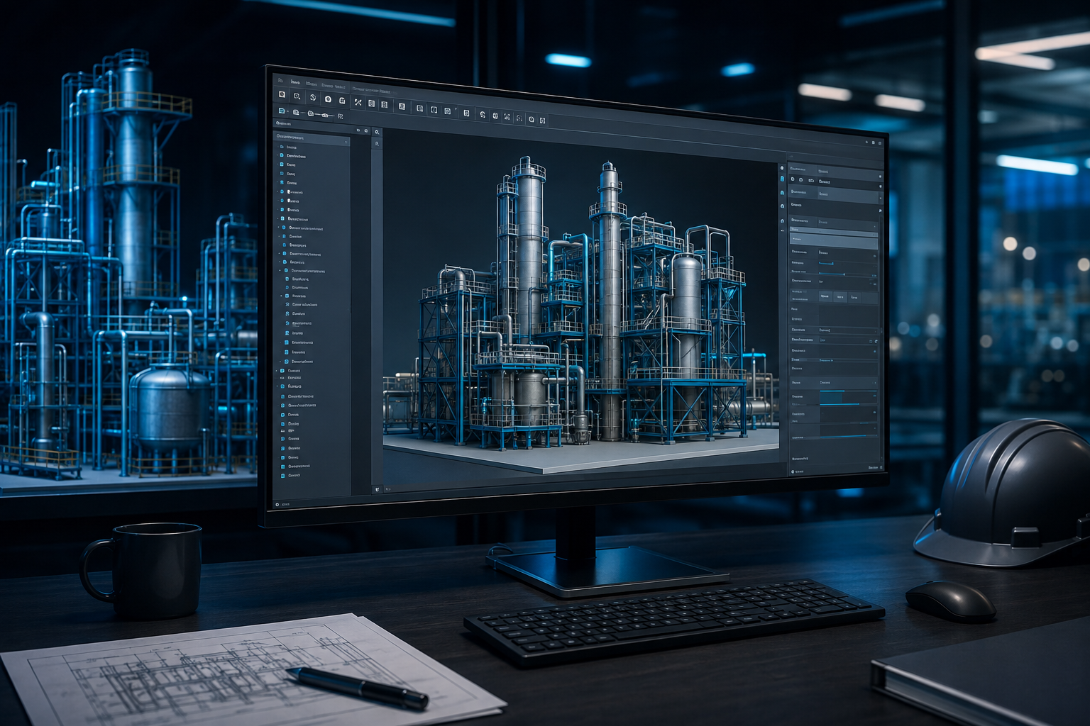 Modelo tridimensional conceitual de planta industrial