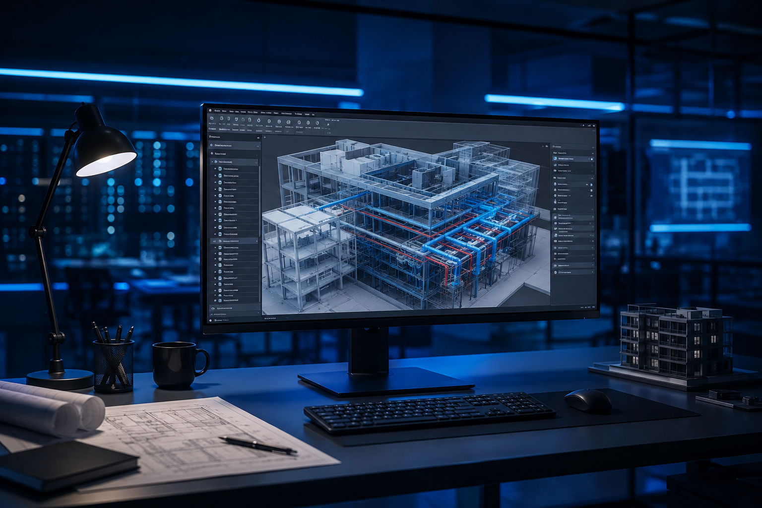 Modelo BIM multidisciplinar exibido em estação de trabalho
